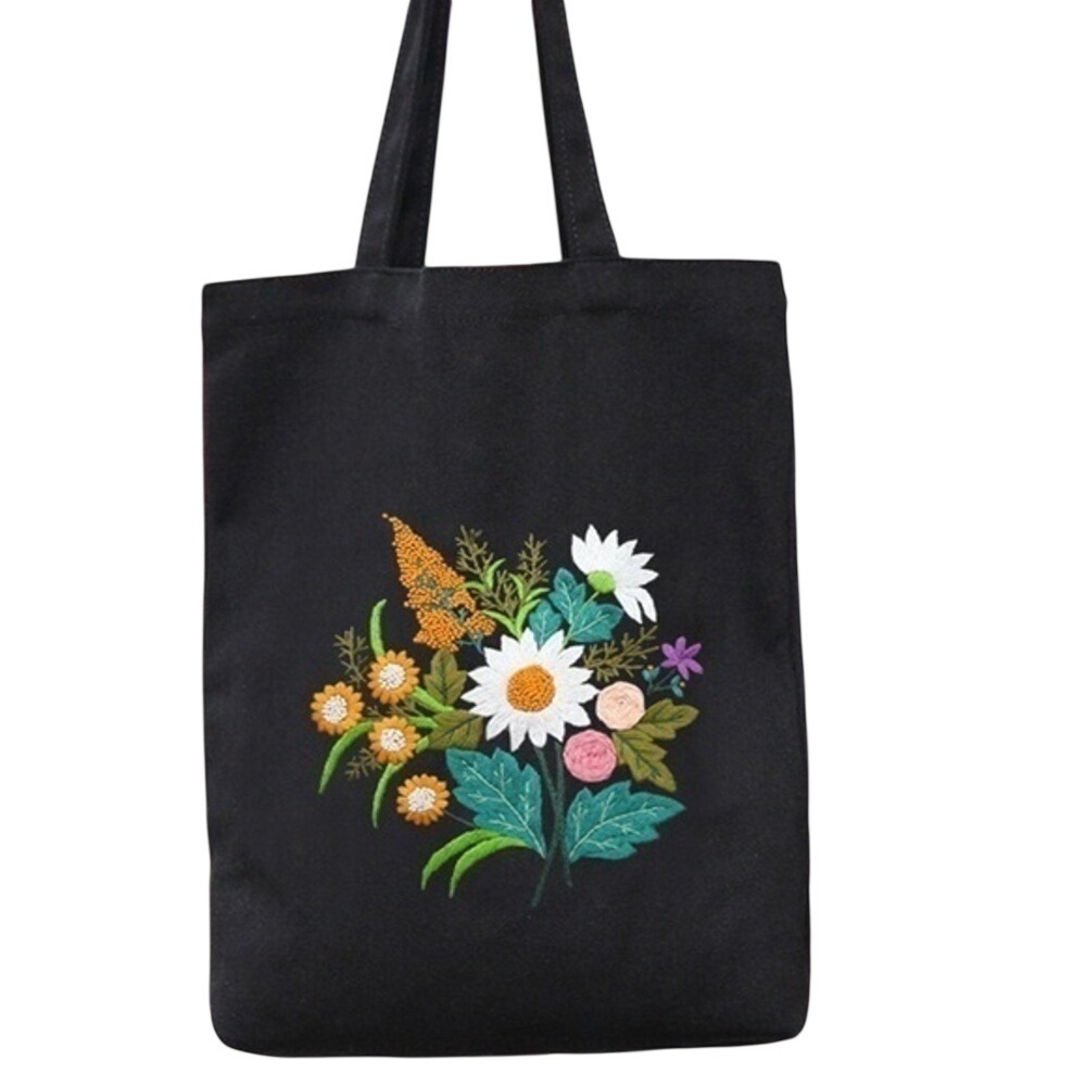 Floral Embroidered Black Tote Bag